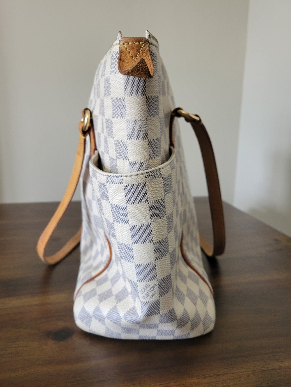 Louis Vuitton Gray & White Checkered Canvas Tote with Tan Leather Trim - Picture 2 of 15